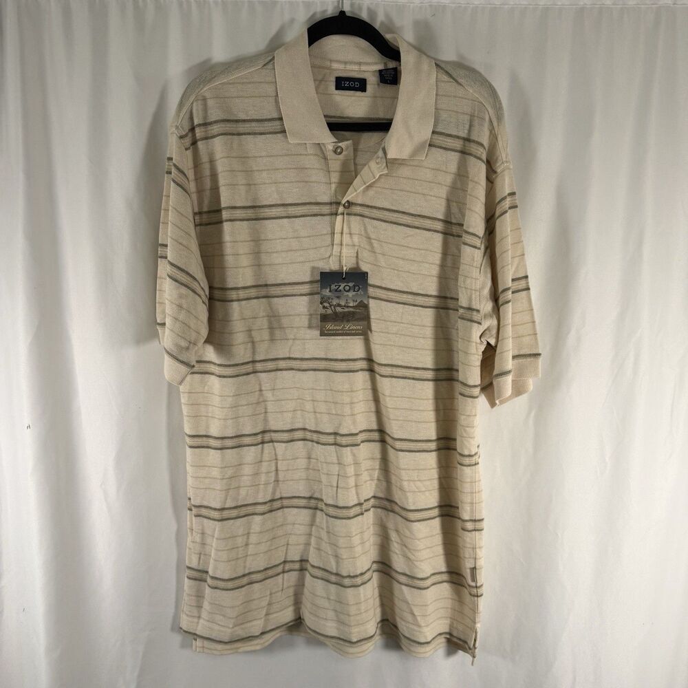 New IZOD Linen Blend Polo Men's Large Beige Striped Short Sleeve Collared